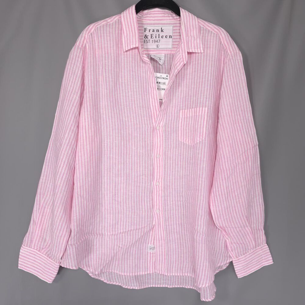 FRANK & EILEEN Women's New LARGE Button Up Shirt Pink Stripe 100% Linen EILEEN
